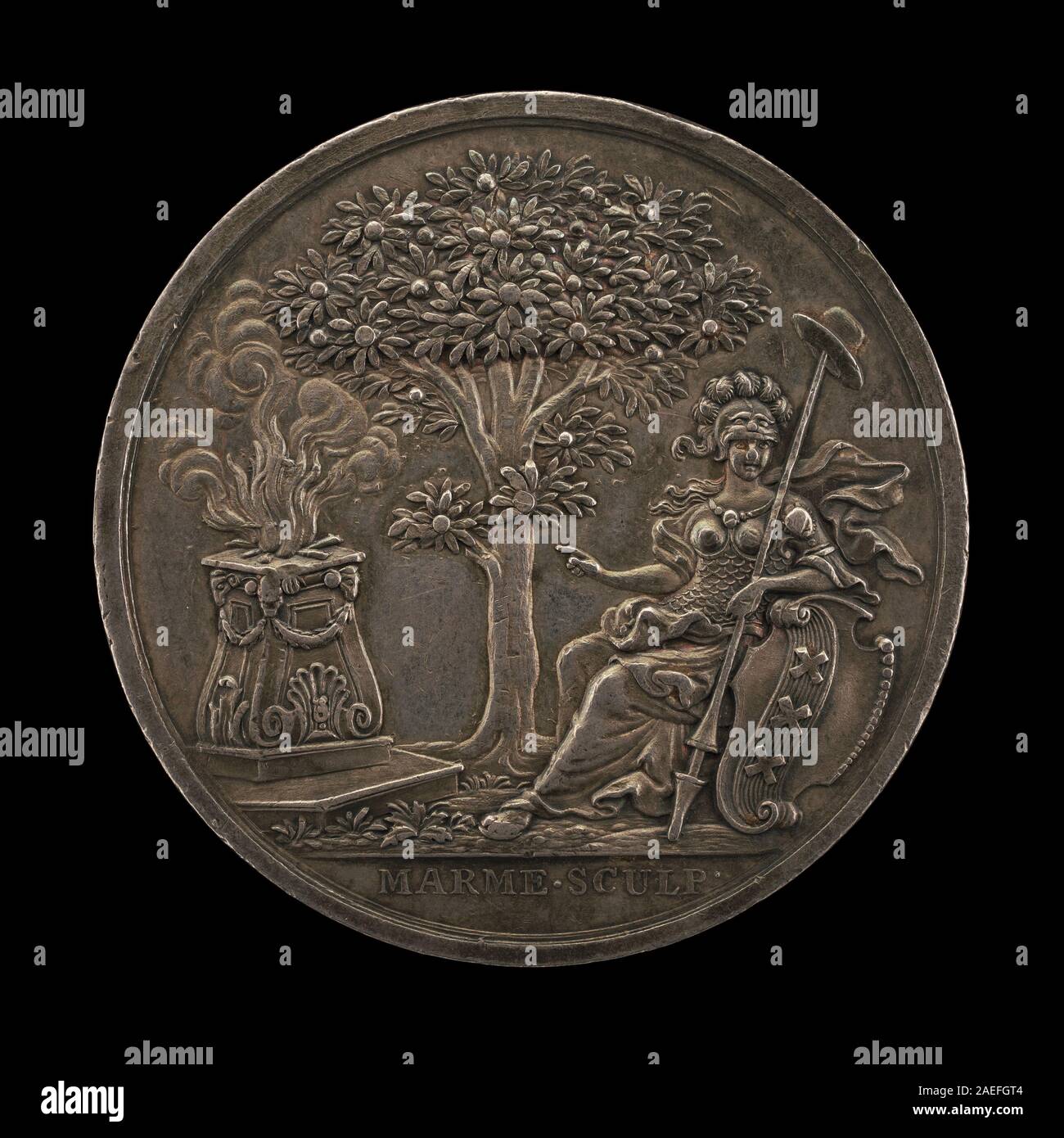 Minerva Encouraging the State (Reverse) è un'opera del 1747 di Johann Christian Marmé che mostra la dea Minerva in una composizione allegorica, enfatizzando figure, gesti ed elementi simbolici. Foto Stock