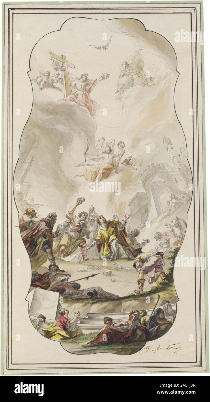Il dipinto di Johann Georg Dieffenbrunner del 1754 "la lapidazione di Santo Stefano" raffigura il martirio di Santo Stefano, enfatizzando figure, gesti, espressioni e la composizione drammatica. Foto Stock