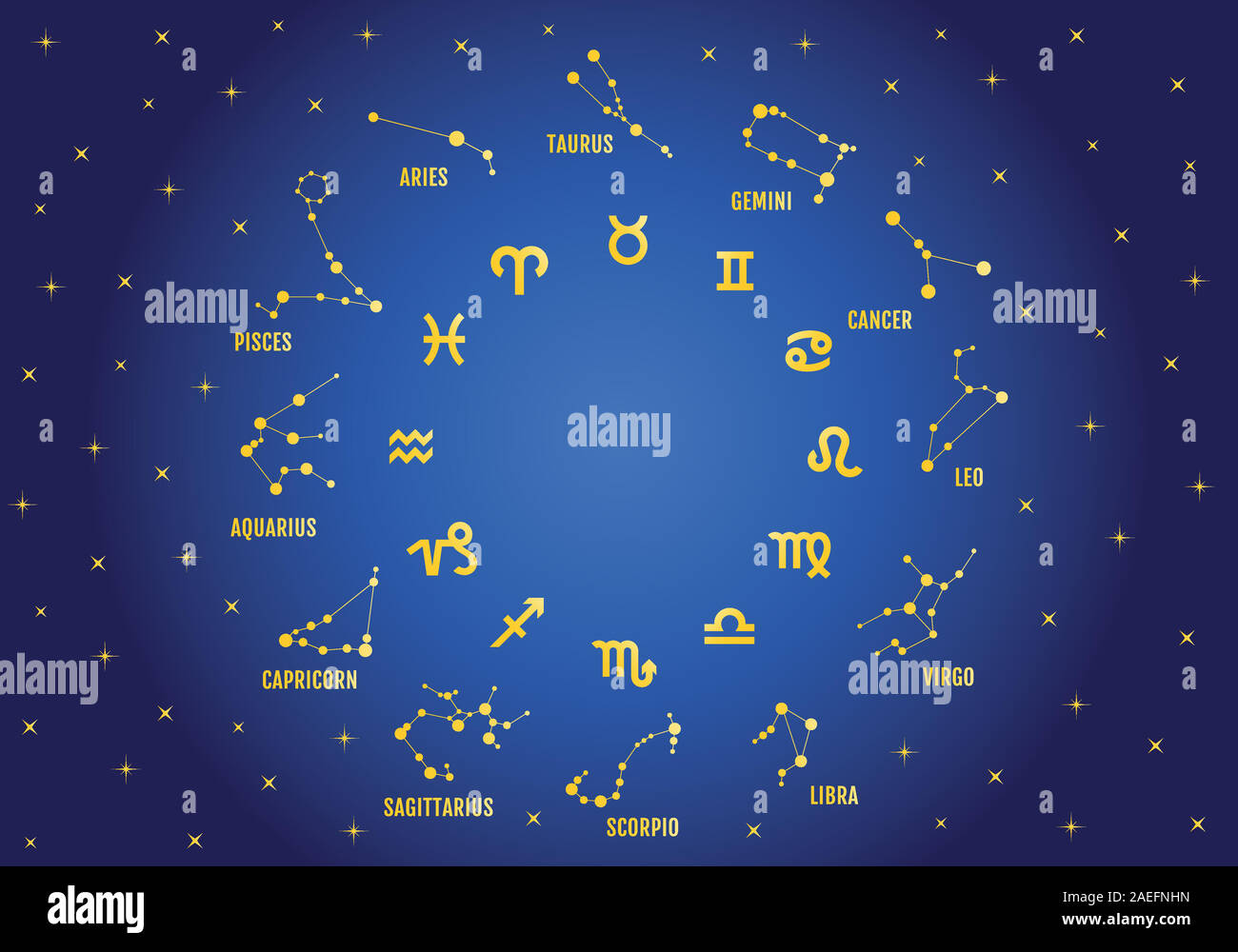 Oro segni zodiacali, golden oroscopo simboli, le stelle nel cielo blu, il vettore icona impostare Illustrazione Vettoriale