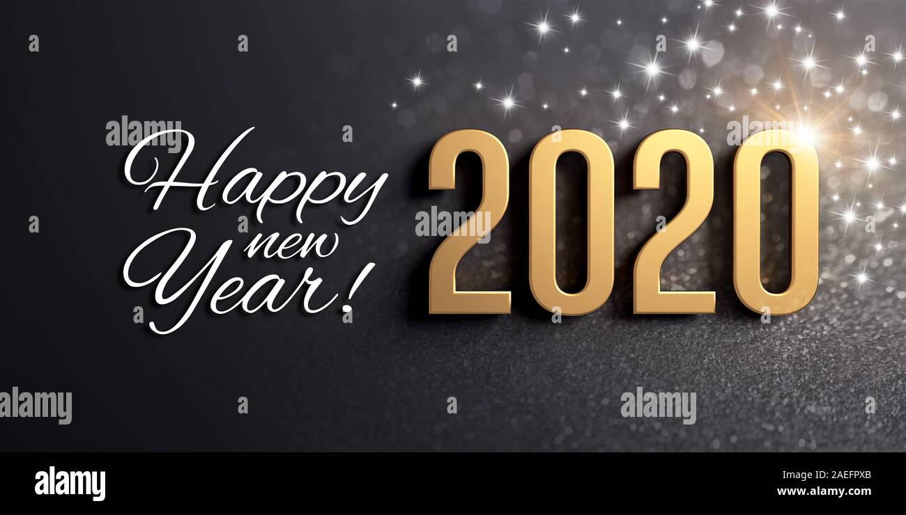 Felice Anno Nuovo saluti e 2020 data numero colorati in oro, su una festosa sfondo nero con brillantini e stelle - 3D illustrazione Foto Stock