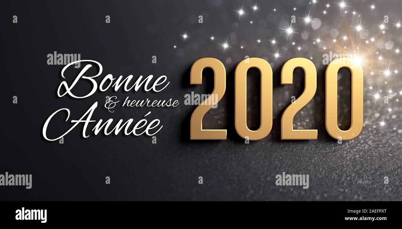 Anno Nuovo 2020 data numero colorati in oro e i messaggi di saluto in lingua francese, su una festosa sfondo nero con brillantini e stelle - 3D illustrazione Foto Stock