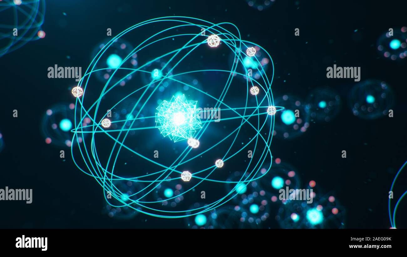3D illustrazione struttura atomica. Atom è il livello più piccolo della materia che forma gli elementi chimici. Incandescente sfere di energia. Reazione nucleare. Concetto Foto Stock