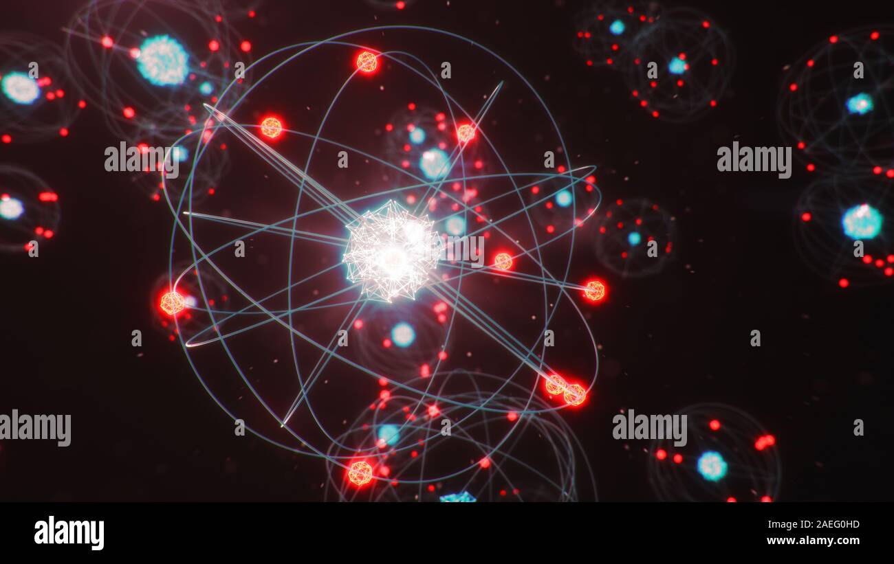 3D illustrazione struttura atomica. Atom è il livello più piccolo della materia che forma gli elementi chimici. Incandescente sfere di energia. Reazione nucleare. Concetto Foto Stock