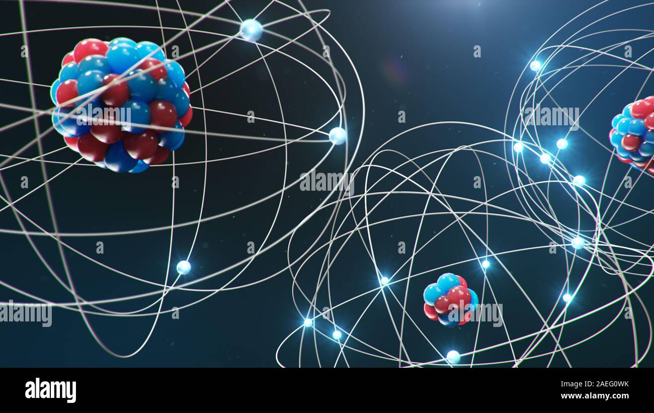 Atomo astratto modello. Atom è il livello più piccolo della materia che forma gli elementi chimici. Incandescente sfere di energia. Reazione nucleare. Concetto la nanotecnologia Foto Stock