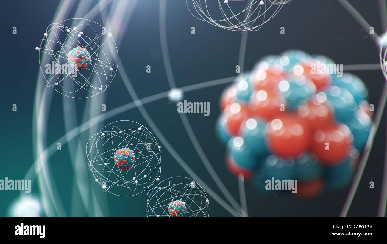 3D illustrazione struttura atomica. Atom è il livello più piccolo della materia che forma gli elementi chimici. Incandescente sfere di energia. Reazione nucleare. Concetto Foto Stock