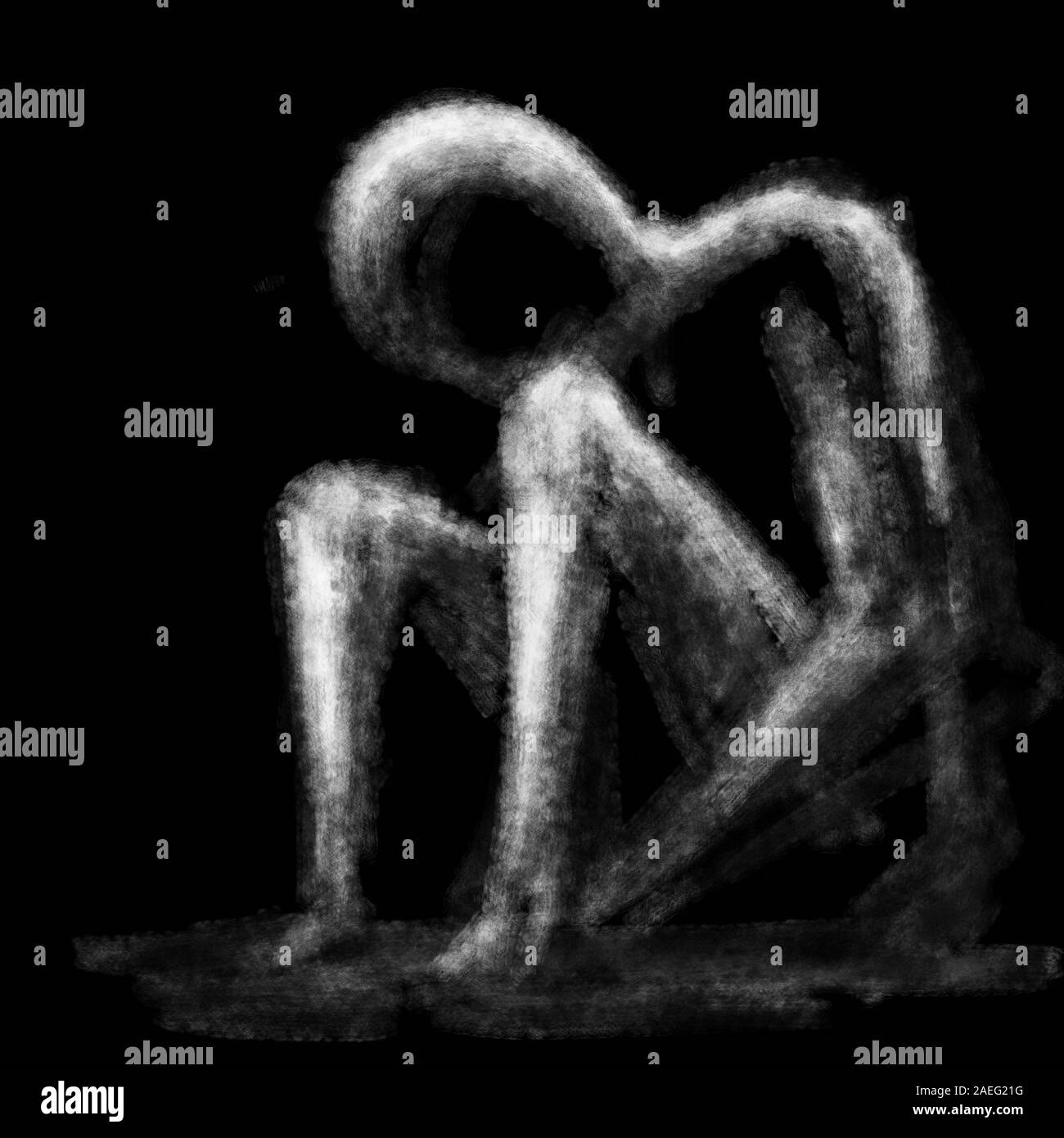 Silhouette di un uomo seduto in un liquido sporco. Mummia nel buio. Bianco e nero illustrazione in genere horror con carbone e effetto di rumore. Foto Stock