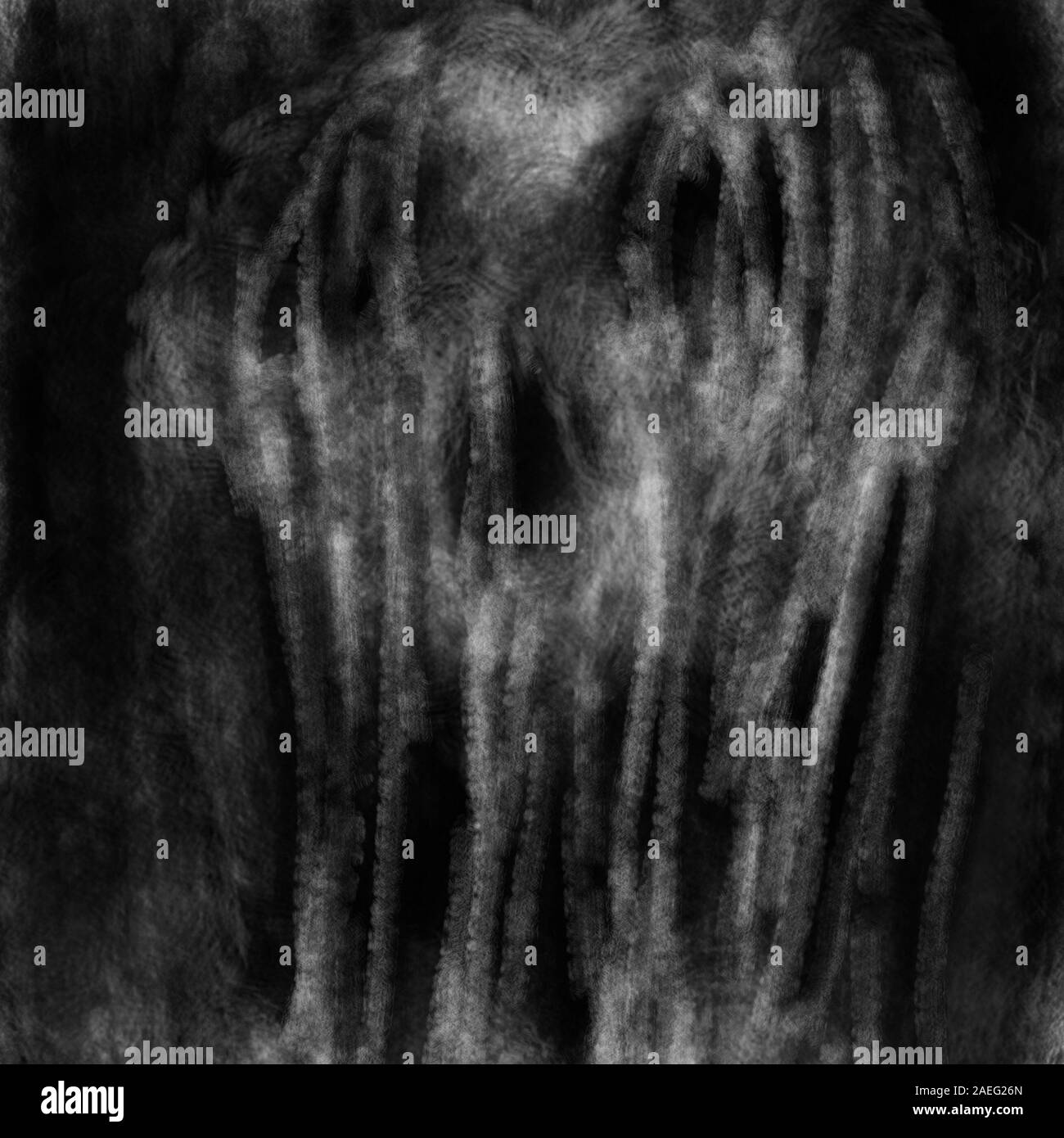 Scary teschio umano in spider web e spolverare con la bocca aperta. Bianco e nero illustrazione in genere horror con carbone e effetto di rumore. Foto Stock