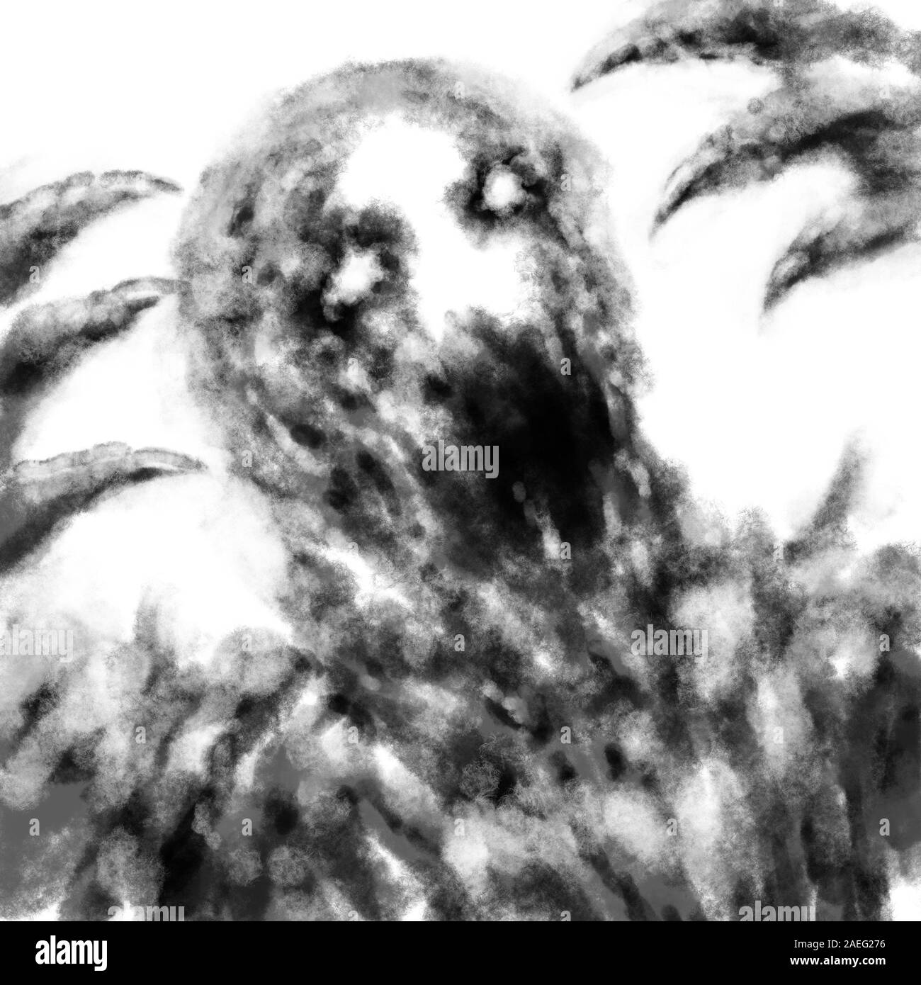Screaming demon faccia nelle tenebre. Bianco e nero illustrazione in genere horror con carbone e effetto di rumore. Foto Stock