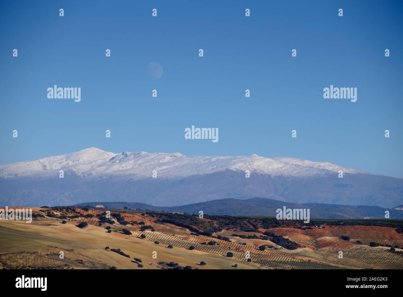 Ore del sorgere sulla coperta di neve della Sierra Nevada mountain range visto dalla campagna di Alhama de Granada in Spagna Foto Stock