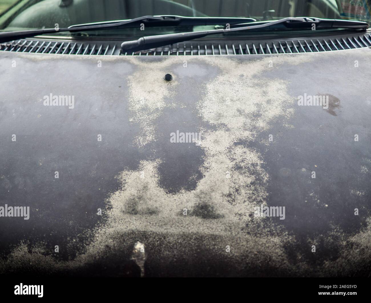 Sbiadita la vernice dell'auto, peeling superficiale di vernice, veicoli con peeling, contrassegni di vernice usata auto da sole luna e meteo ruggine Foto Stock