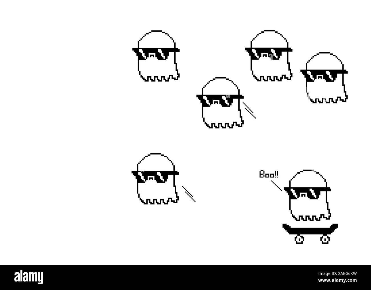 Pixel Art gruppo di foglio bianco fantasmi isolato sfondo, illustrazione raffigurante ghost galleggiante al di sopra del suolo, ghost cartoon, fantasmi bianchi per Hal Foto Stock