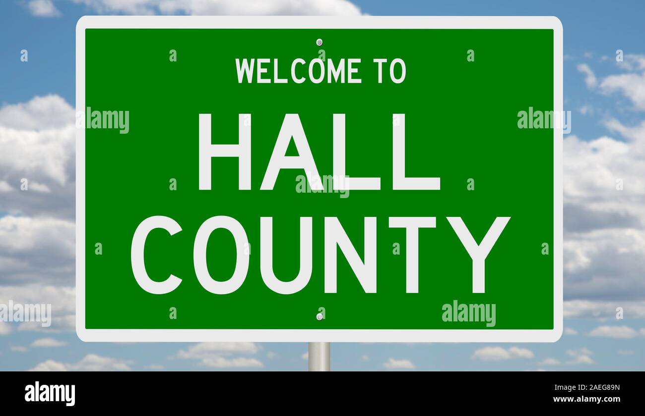 Il rendering di un 3d green autostrada segno per la contea di Hall Foto Stock