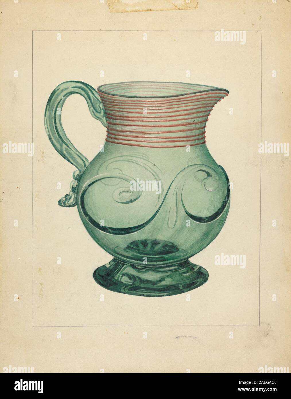 Questa caraffa di John Fisk, creata tra il 1935 e il 1942, è un vaso in ceramica che enfatizza forma, beccuccio, impugnatura, base, bordo, struttura della superficie, smalto, volume, simmetria e design funzionale, riflettono l'artigianato della ceramica americana dei primi anni del XX secolo. Foto Stock