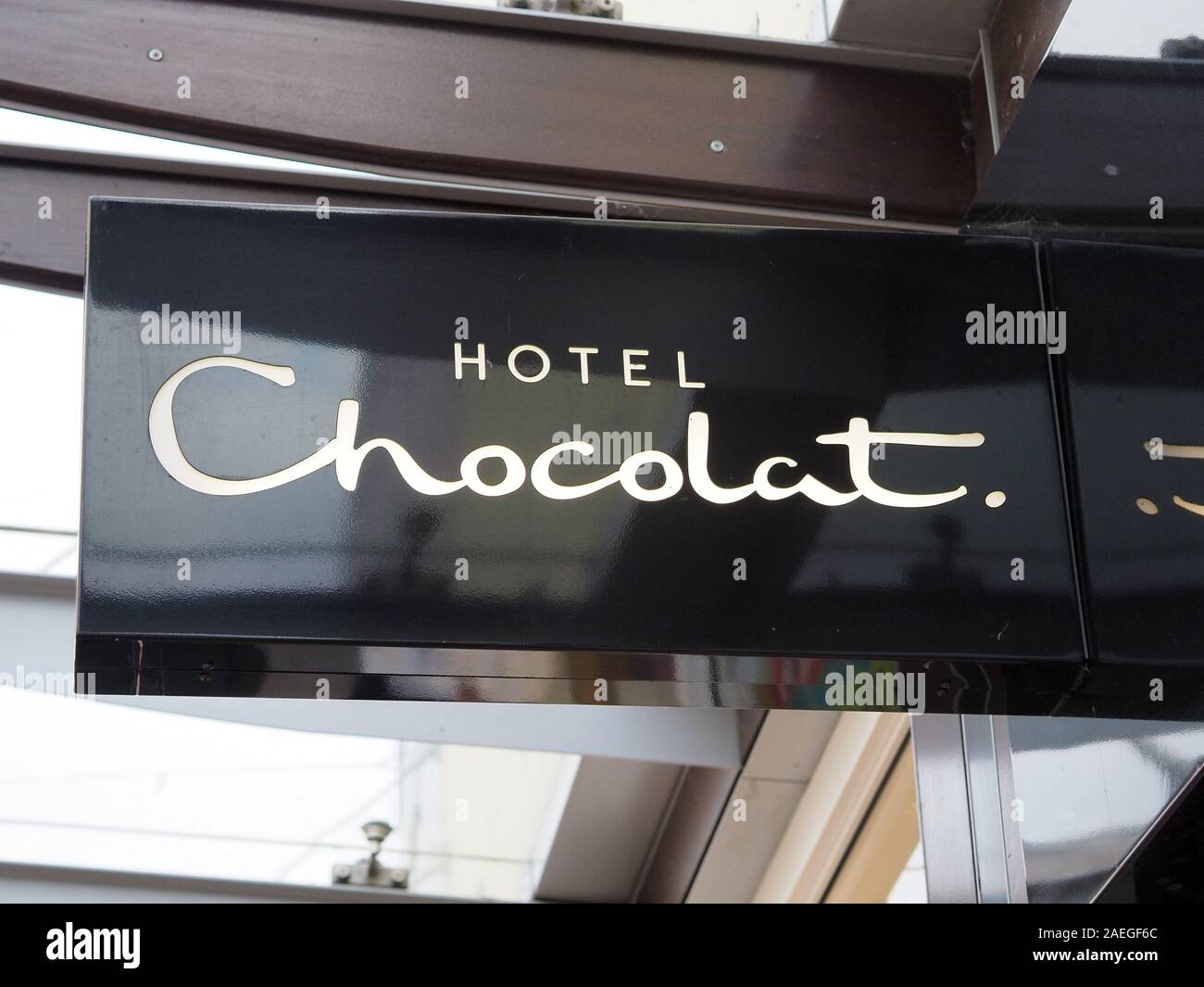 In prossimità di un hotel Chocolat segno Foto Stock