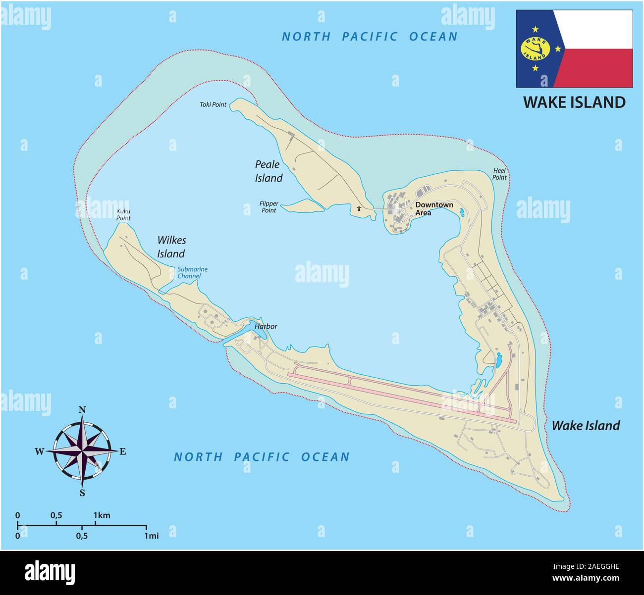 Mappa di Wake Island atollo famiglie disorganizzate un territorio degli Stati Uniti con la bandiera Illustrazione Vettoriale