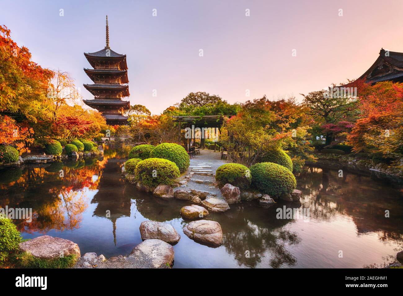 Antiche in legno pagoda Tempio Toji nell'autunno del giardino, Kyoto, Giappone. Foto Stock
