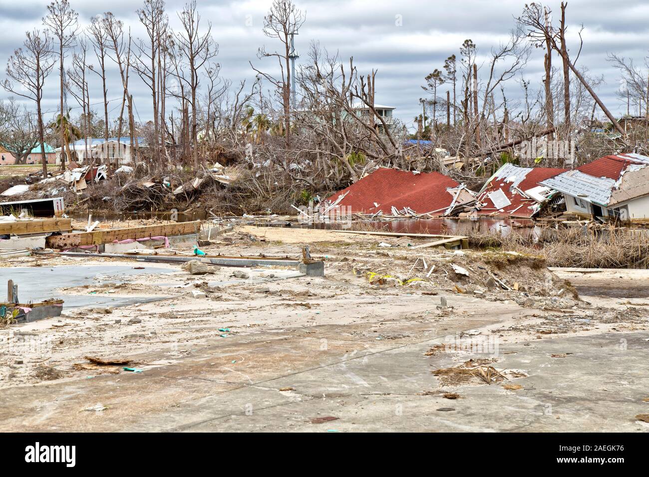 Distrutto casa & proprietà derivanti dall uragano Michael 2018, vicino Messico Beach, Florida Panhandle. Foto Stock