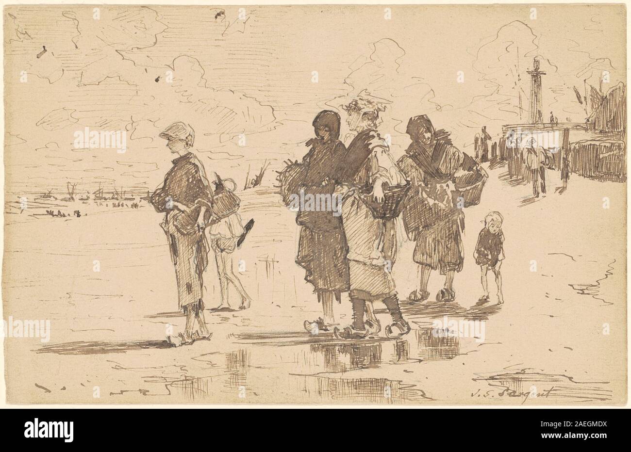 Un dipinto ad olio del 1878 di John Singer Sargent intitolato Setting Out to Fish, raffigurante figure che preparano barche e attrezzatura da pesca lungo un fiume. Il lavoro enfatizza la composizione, i riflessi dell'acqua e l'attività quotidiana. Foto Stock