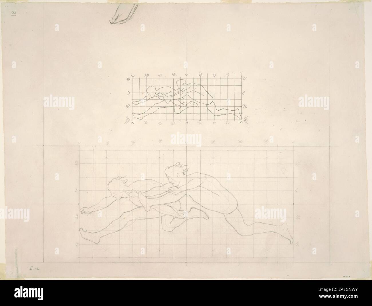 Studi preparatori di John Singer Sargent tra il 1919 e il 1920 raffiguranti due figure maschili classiche in movimento, illustrando anatomia, struttura muscolare e posa dinamica per la composizione di figure nell'arte accademica. Foto Stock