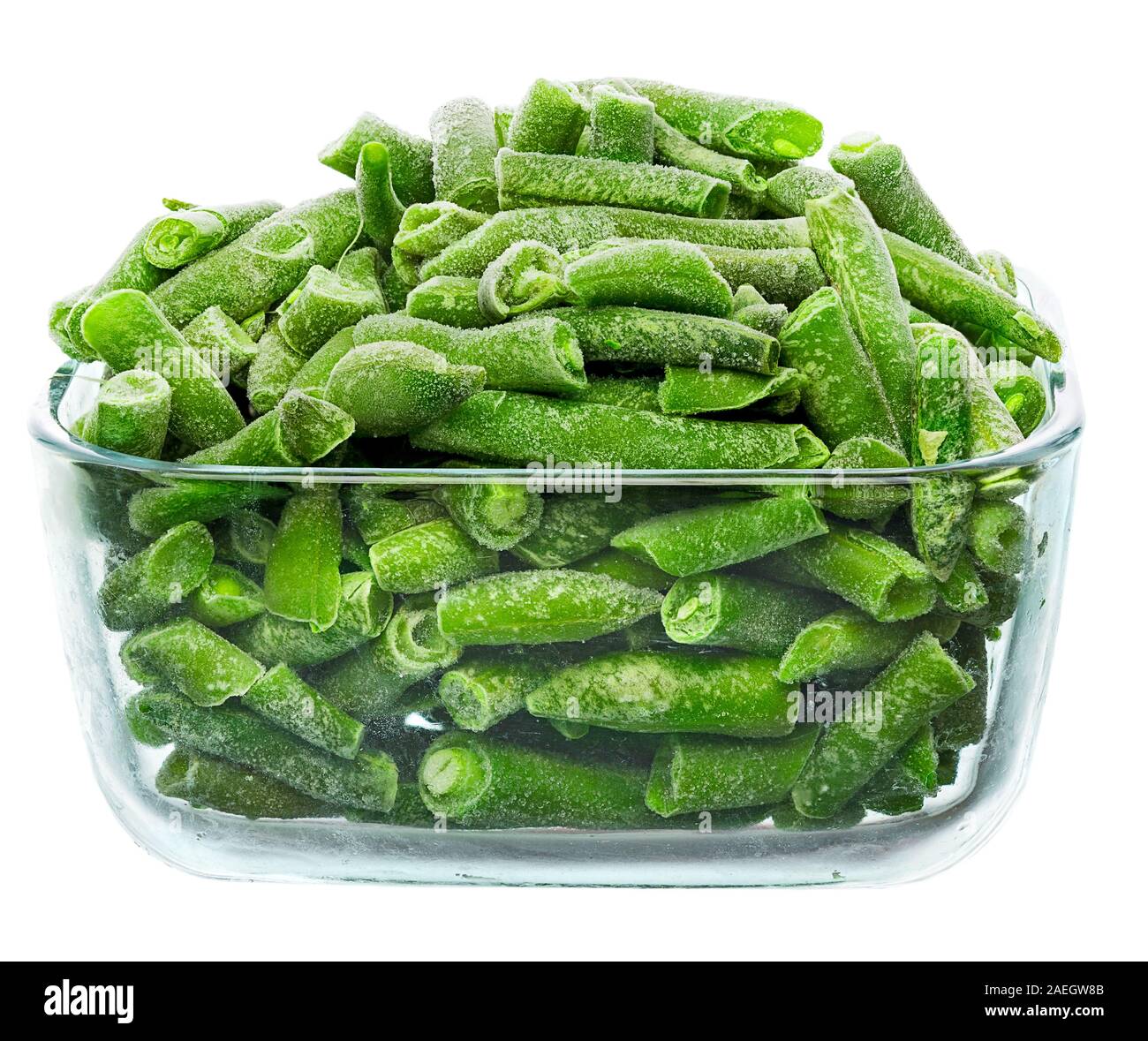 Congelati tagliare gli asparagi in una scatola di vetro Foto Stock