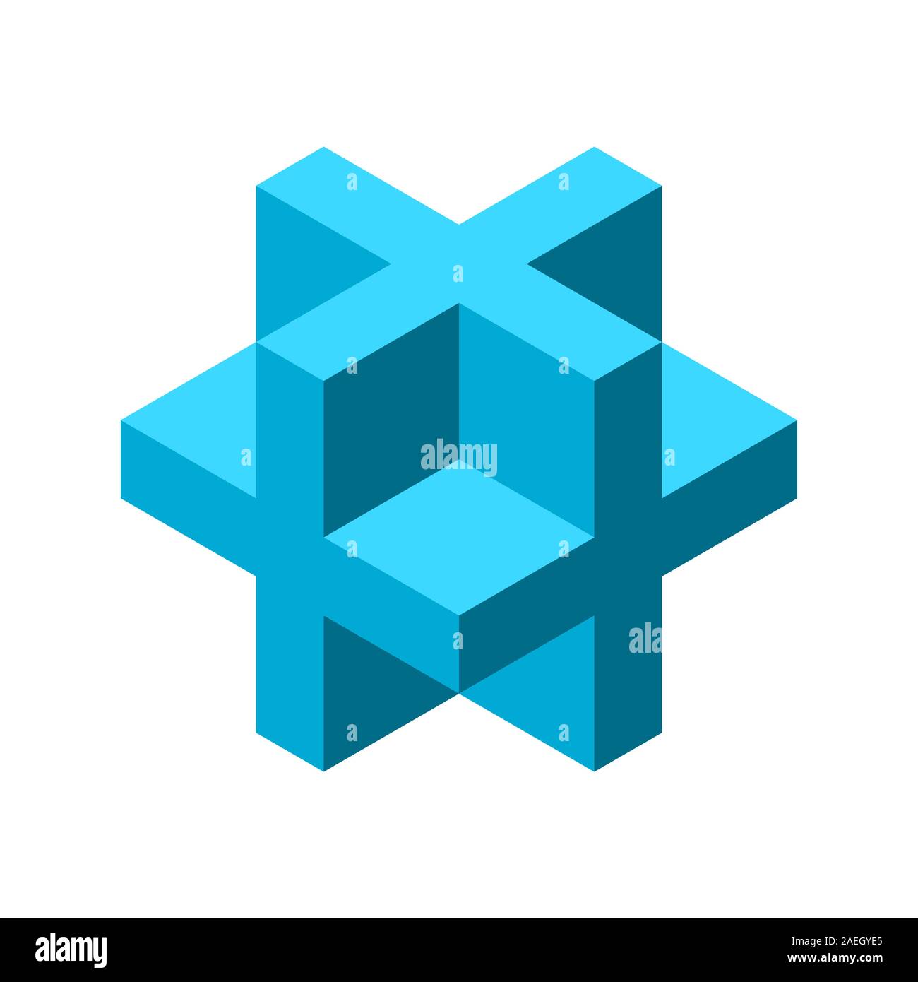 Blue 3D cross o segno più. Lettera dimensionale X. isometrica a forma di cubo fatto di croci. Necker cube figura. Abstract oggetto geometrico. La Geometria Sacra Illustrazione Vettoriale