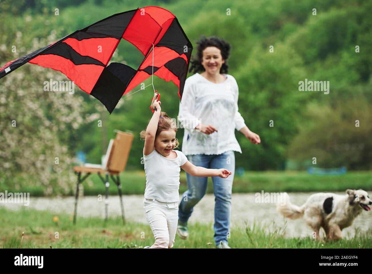 Magnifico cane sul lato destro. Positivo bambino femmina e la nonna in esecuzione con il rosso e il nero kite colorati in mani all'aperto Foto Stock