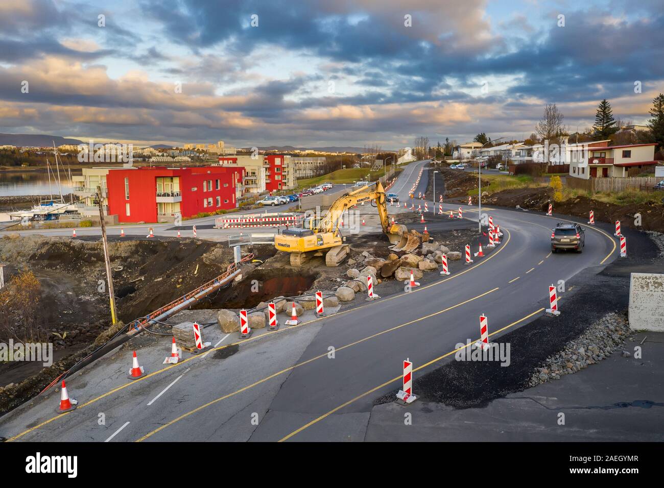 Lavori stradali in Kopavogur, sobborgo di Reykjavik, Islanda Foto Stock
