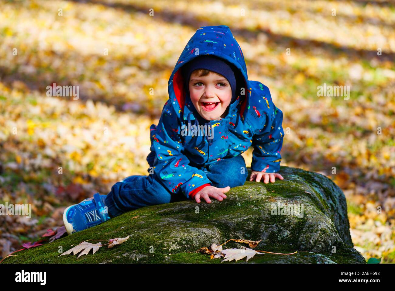 Montréal, Québec, Canada,Ottobre 26,2019.Giovane ragazzo giocando nel parco in autunno. Montréal, Québec, Canada.Credit:Mario Beauregard/Alamy News Foto Stock