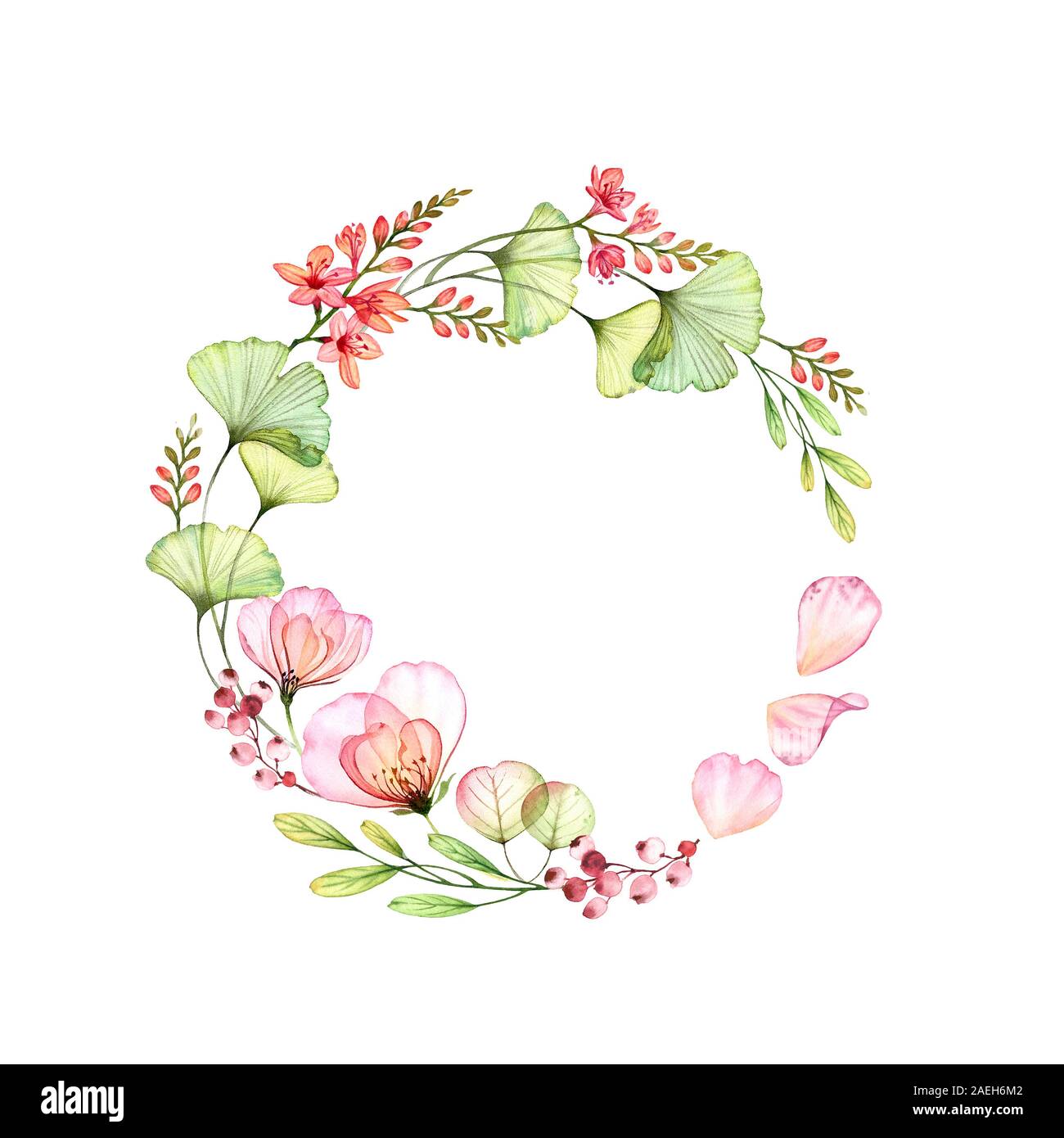 Acquerello rosa e fresia corona. Composizione circolare di fiori, di foglie e di luogo per il testo. Botanico colorati dipinto a mano illustrazione per il logo Foto Stock
