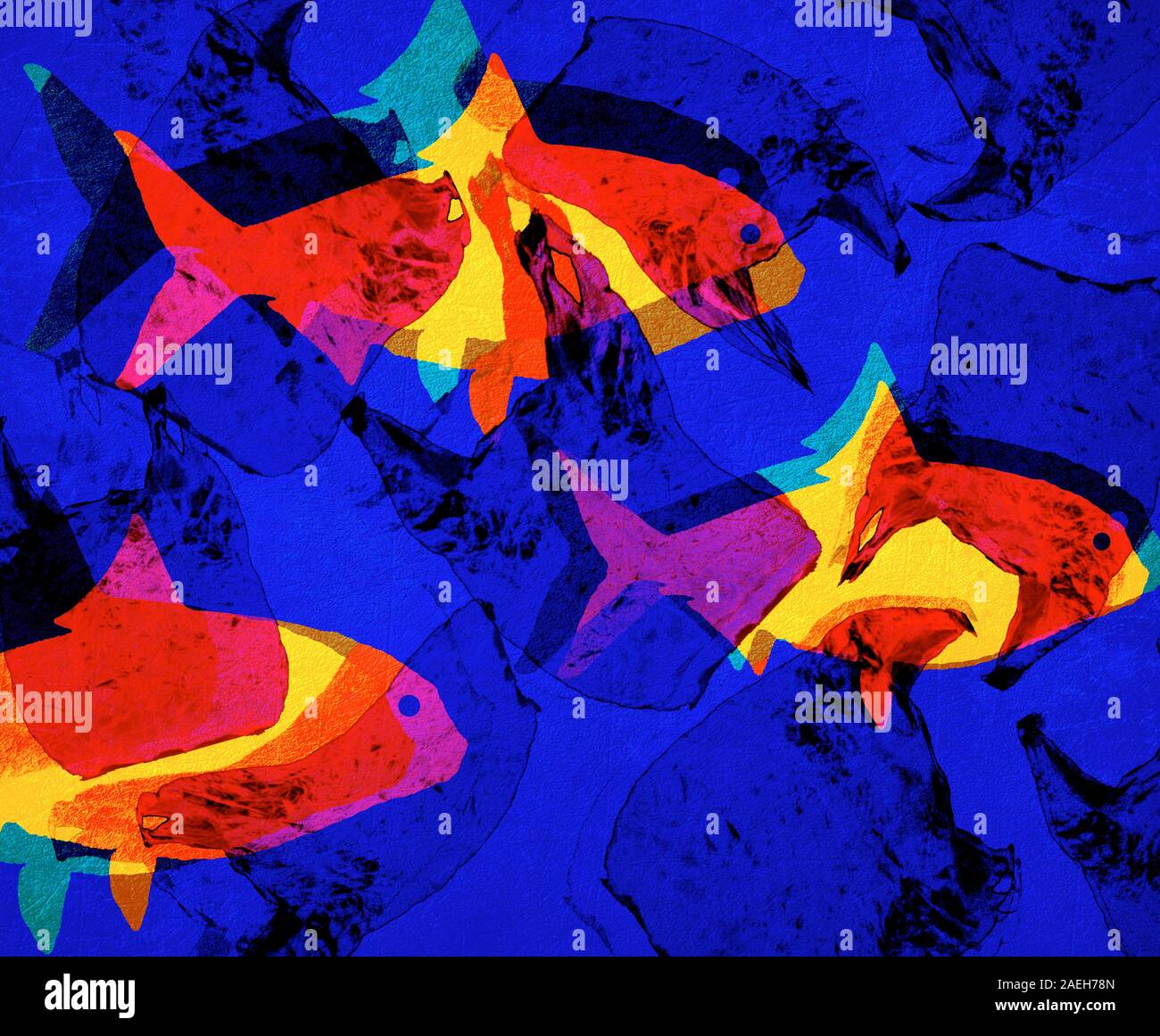 Il pesce e i sacchetti di plastica illustrazione digitale il concetto di inquinamento Foto Stock