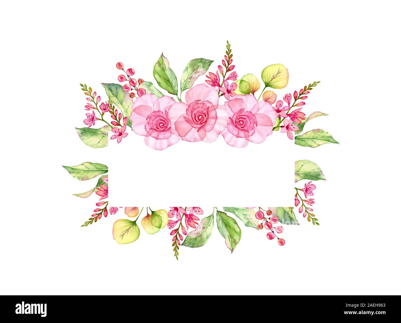 Acquerello cornice floreale con rose e fiori selvatici e posto per il testo. Botaniche dipinte a mano illustrazione isolato in bianco per il lettering, scheda Foto Stock