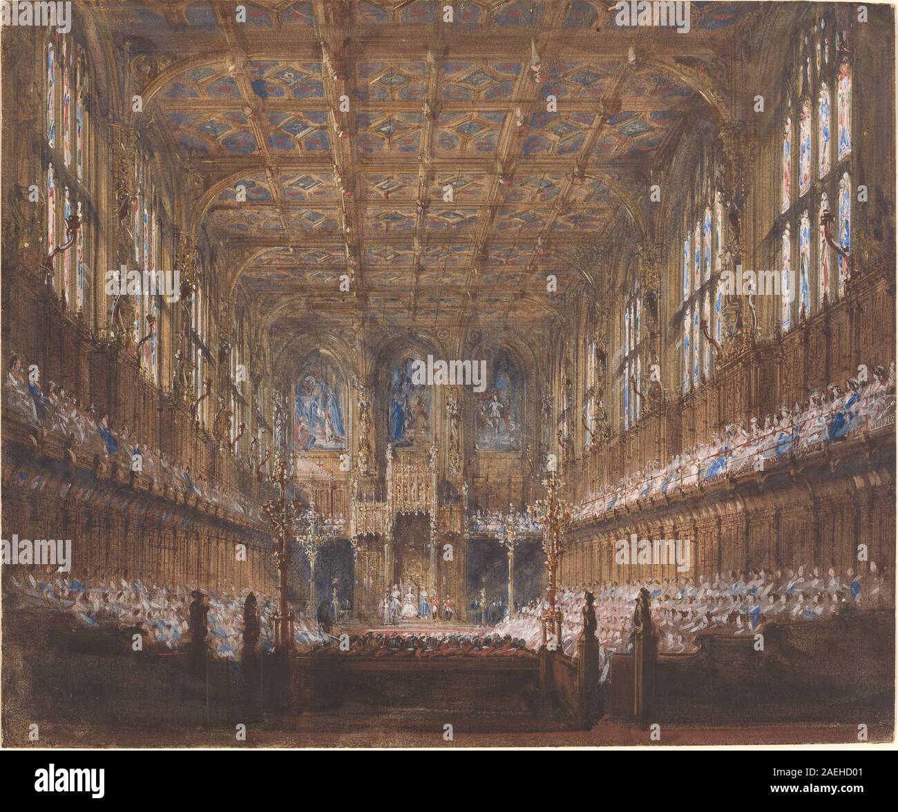"The State Opening of Parliament in the Reconstruction House of Lords" di Joseph Nash, 1847, raffigurante un evento cerimoniale con figure, dettagli architettonici e spazi interni formali. Foto Stock