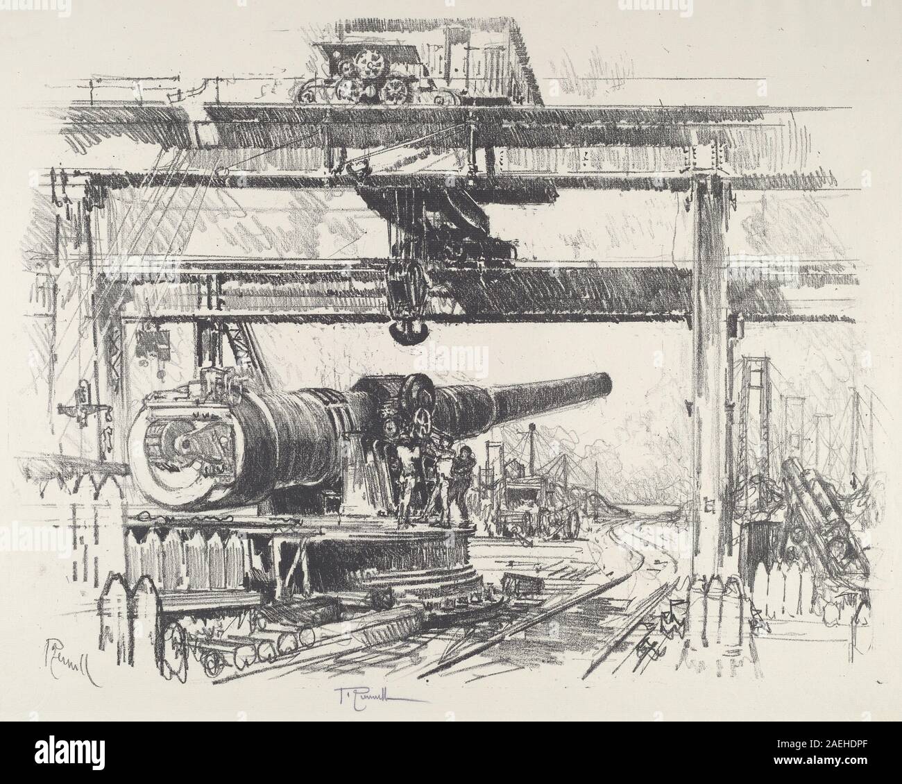 Un'impronta di Joseph Pennell del 1916 che raffigura il test delle armi, mostrando pezzi di artiglieria, operatori, posizioni di tiro, fumo, e all'inizio del xx secolo pratiche di test militari. Foto Stock