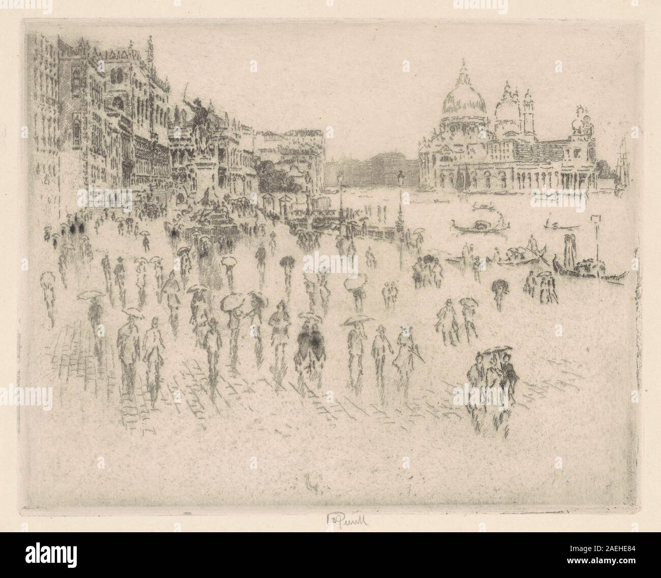 Sulla Riva, dalla finestra di Pennell di Joseph Pennell, 1883, raffigurante una scena sul fiume vista da una finestra, che mostra edifici, acqua, barche e paesaggio urbano in una prospettiva dettagliata. Foto Stock