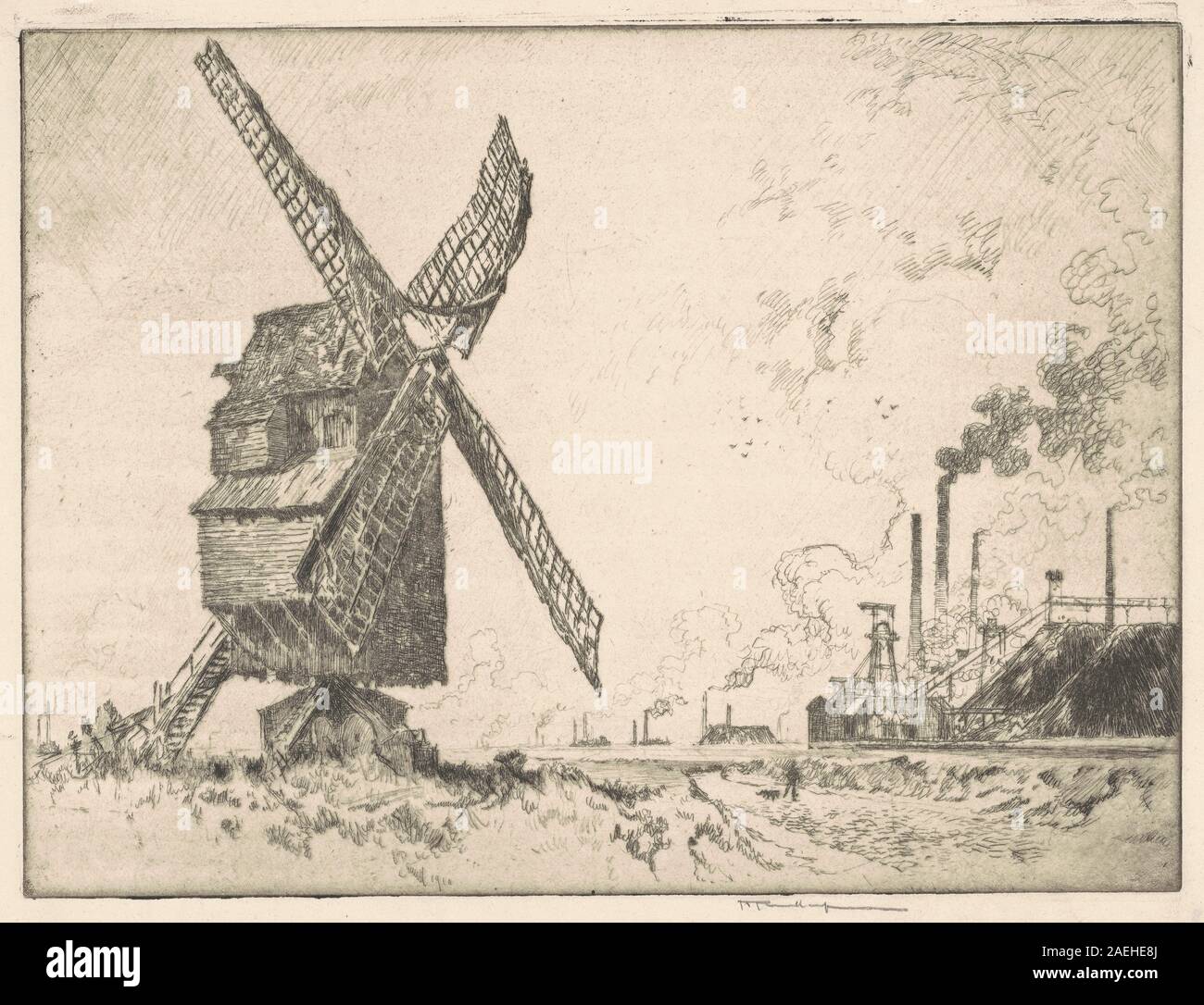 Stampa di Joseph Pennell, 1910, raffigurante vecchi e nuovi mulini a Valenciennes, con edifici, canali d'acqua, paesaggio circostante e dettagli industriali. Foto Stock