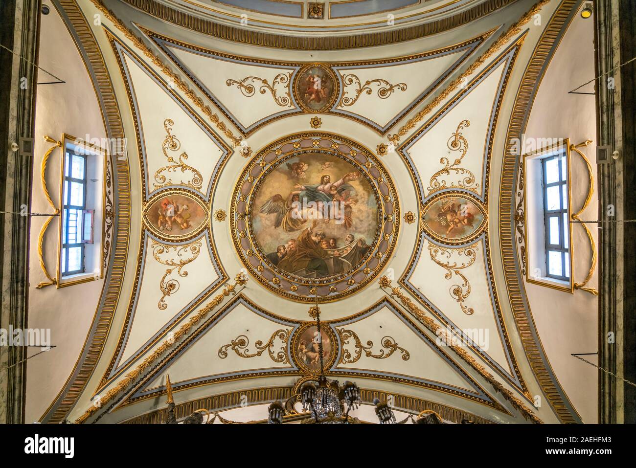 Deckenfresko in der Wallfahrtskirche Santuario di Maria Santissima Annunziata, Trapani, Sizilien, Italien, Europa | soffitto affrescato della Basilica Foto Stock