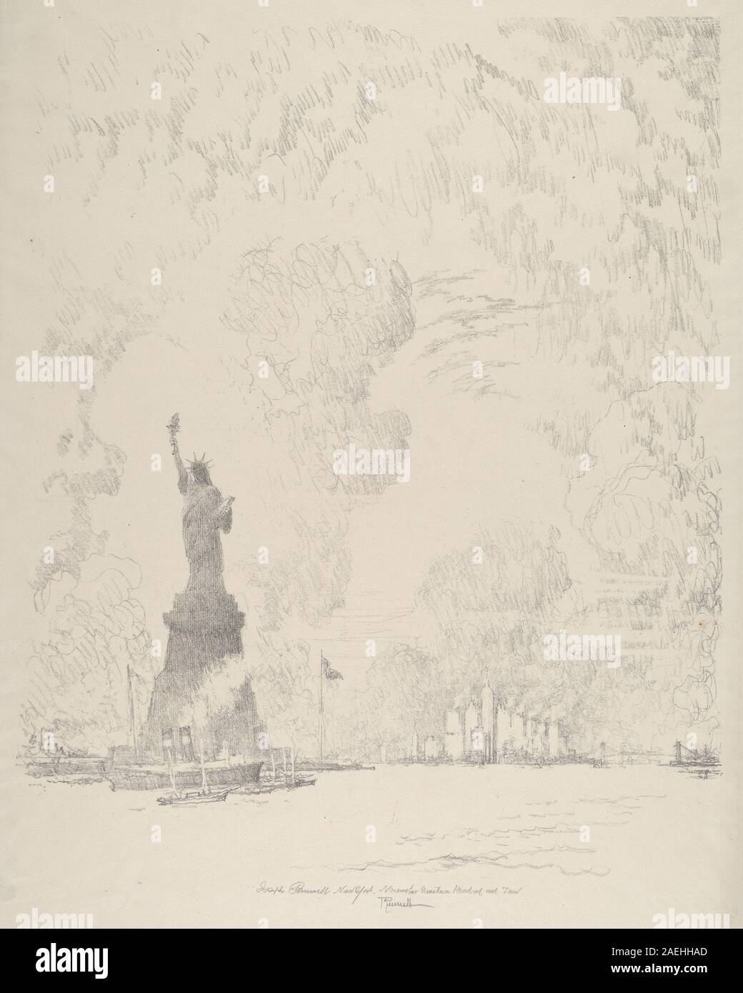 Questa incisione di Joseph Pennell, creata nel 1910, raffigura la Statua nella Baia di New York, mostrando il suo piedistallo, la forma scultorea, l'acqua circostante, le barche, e sfondo urbano, che riflette l'illustrazione grafica americana dei primi anni del XX secolo di monumenti pubblici. Foto Stock