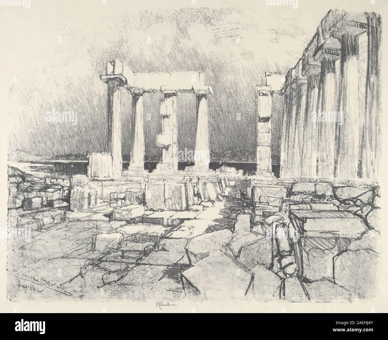 Una stampa di Joseph Pennell del 1913 intitolata "The Wine-Dark Sea, Sunium", raffigurante un paesaggio costiero con onde, coste rocciose, scogliere ed effetti atmosferici, che riflettono le tecniche di illustrazione del paesaggio all'inizio del XX secolo. Foto Stock