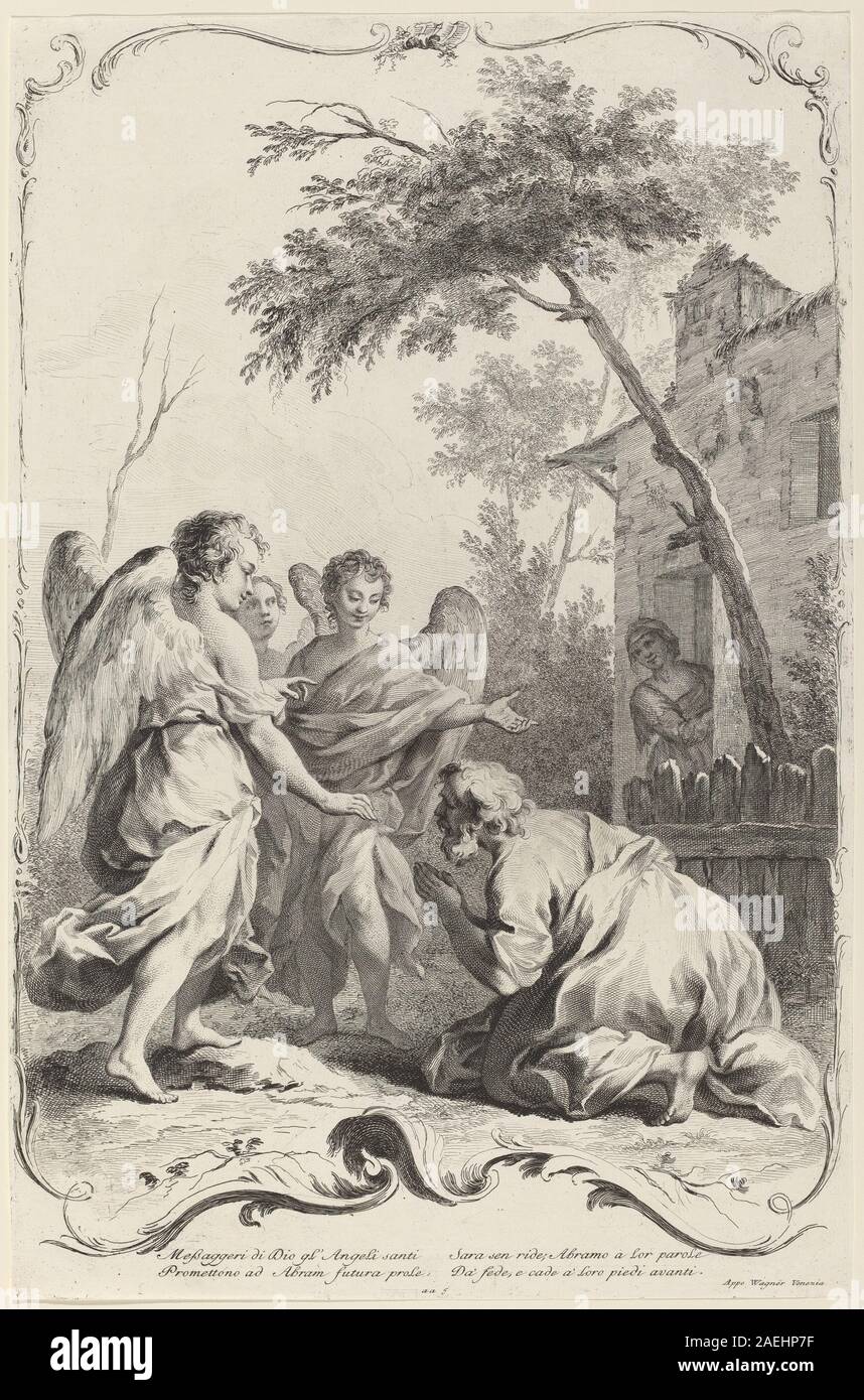 Un'incisione pubblicata da Joseph Wagner dopo Jacopo Amigoni intorno al 1745, che illustra la scena biblica di Abramo inginocchiato davanti a tre angeli, evidenziando l'iconografia religiosa, le figure umane e la composizione classica. Foto Stock