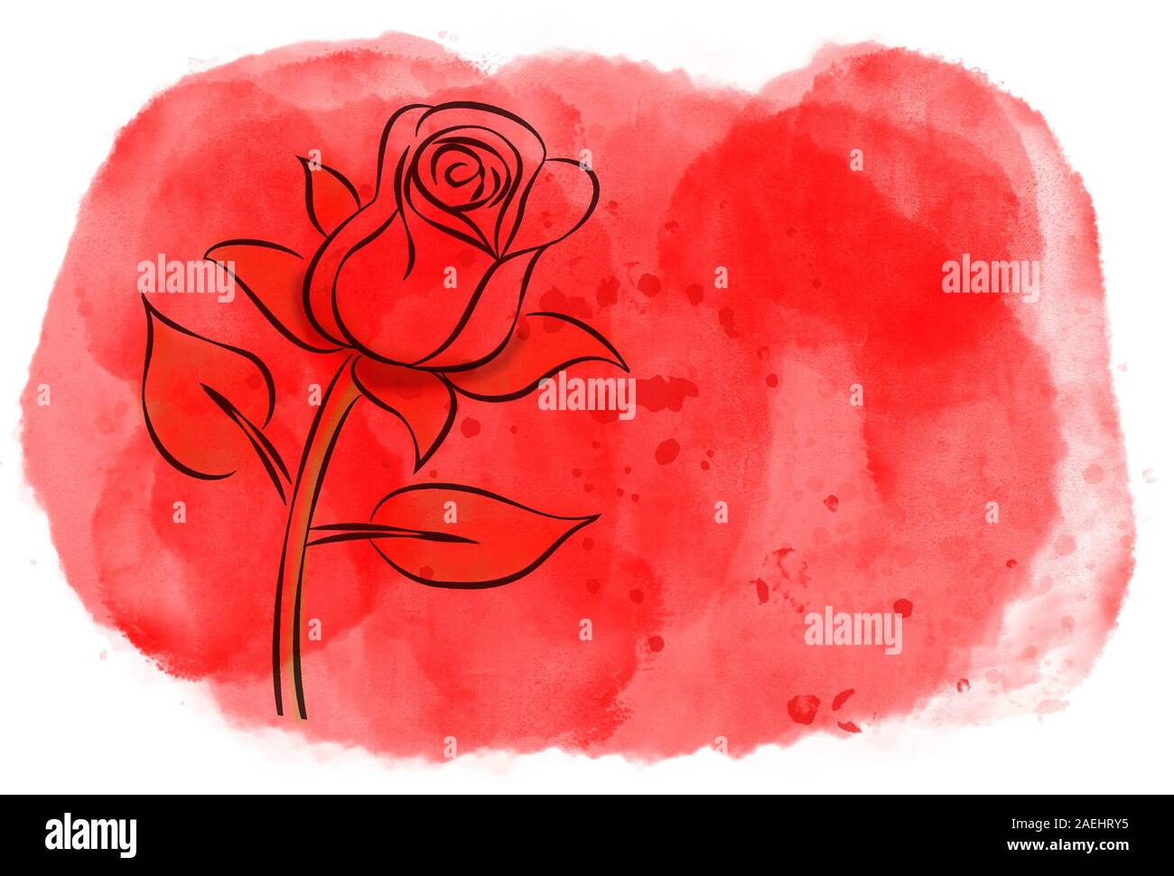 Disegno di rose sul rosso dipinti ad acquerello splash sfondo per amore, celebrazioni o il giorno di San Valentino. Disegnata a mano e il computer immagine generata. Foto Stock