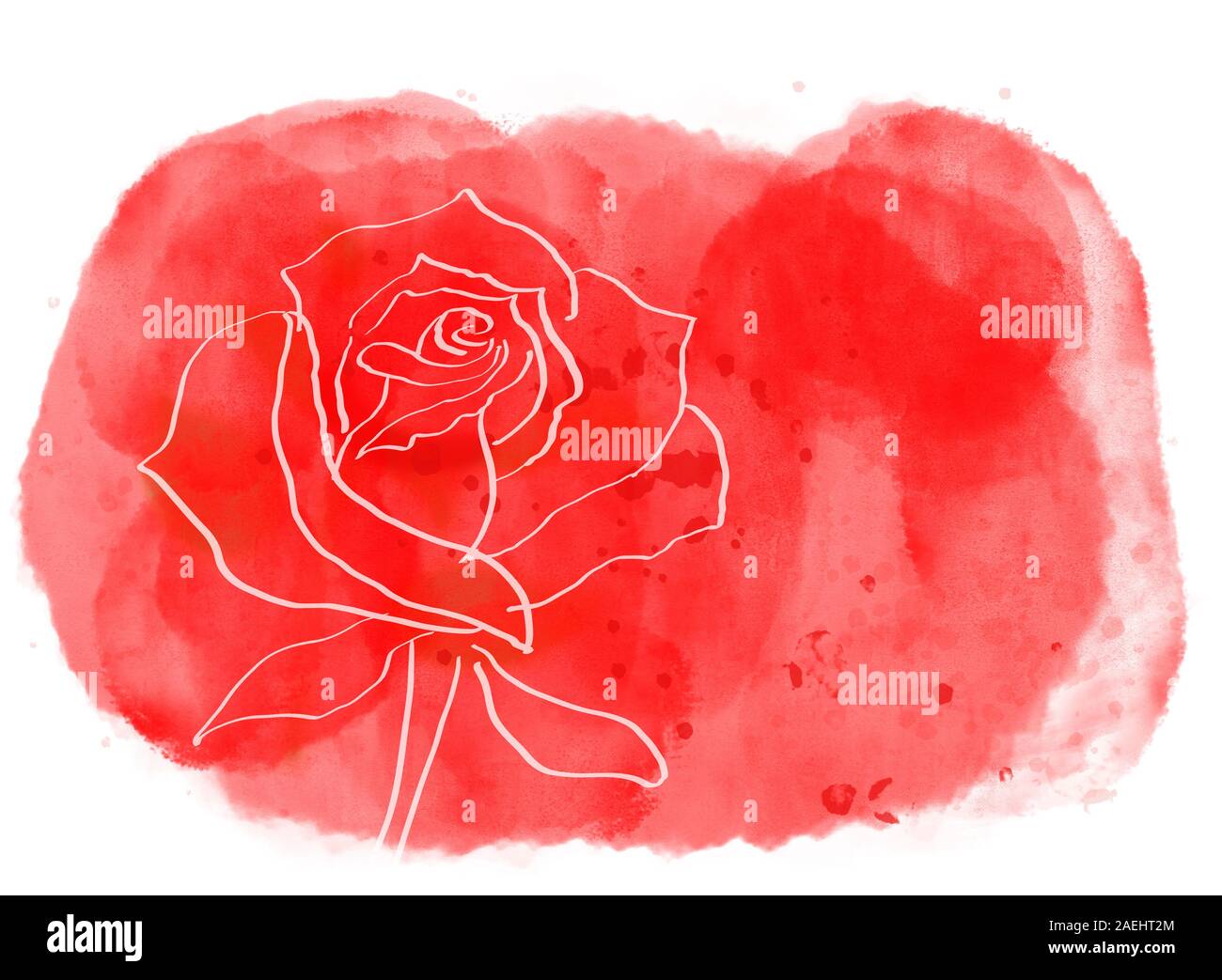 Disegno di rose sul rosso dipinti ad acquerello splash sfondo per amore, celebrazioni o il giorno di San Valentino. Disegnata a mano e il computer immagine generata. Foto Stock