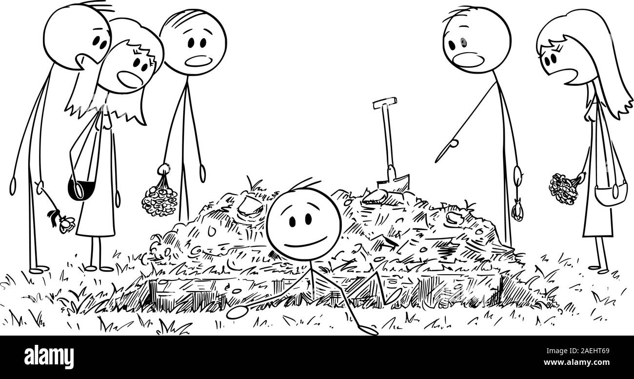 Vector cartoon stick figura disegno illustrazione concettuale di sepolti vivi uomo venire fuori della tomba mentre la gente, gli amici o i familiari sono a guardare lui sconvolto. Illustrazione Vettoriale