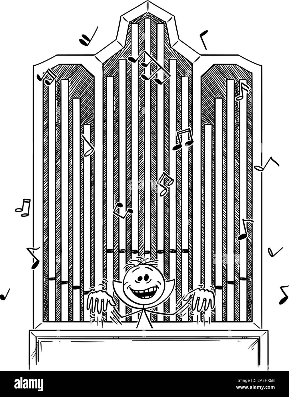 Vector cartoon stick figura disegno illustrazione concettuale del male pazzo pazzo o maniac ridendo e la riproduzione di musica di organo. Illustrazione Vettoriale