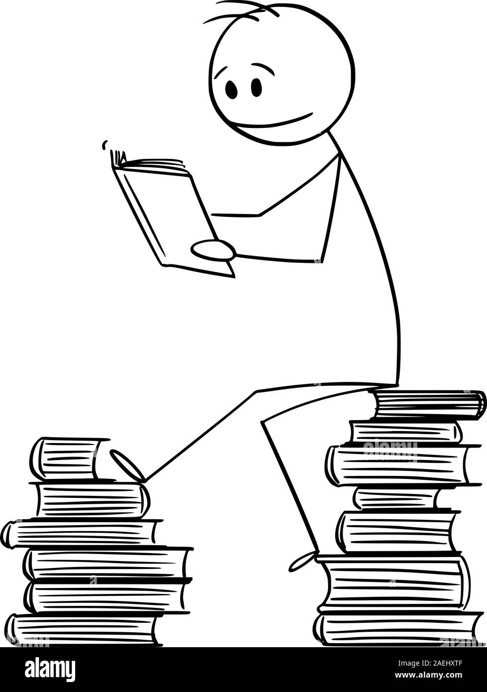 Vector cartoon stick figura disegno illustrazione concettuale dell'uomo seduto sulla pila di libri e la lettura di un libro. Illustrazione Vettoriale
