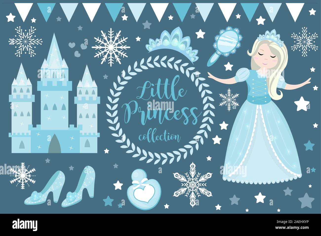 Carino poca neve princess, cold queen set di oggetti. Collezione invernale è elemento di design con Pretty girl, castello di ghiaccio, specchio, corona, accessori. Bambini Illustrazione Vettoriale