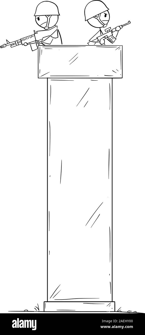 Vector cartoon stick figura disegno illustrazione concettuale di due guardie armate o soldati di guardia sulla torretta o torre difensiva. Illustrazione Vettoriale