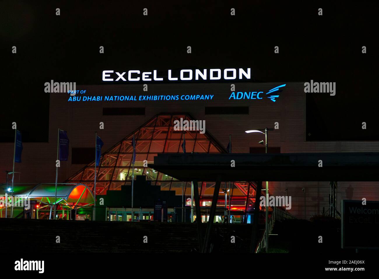 Londra di notte, excel London, London, Regno Unito Foto Stock