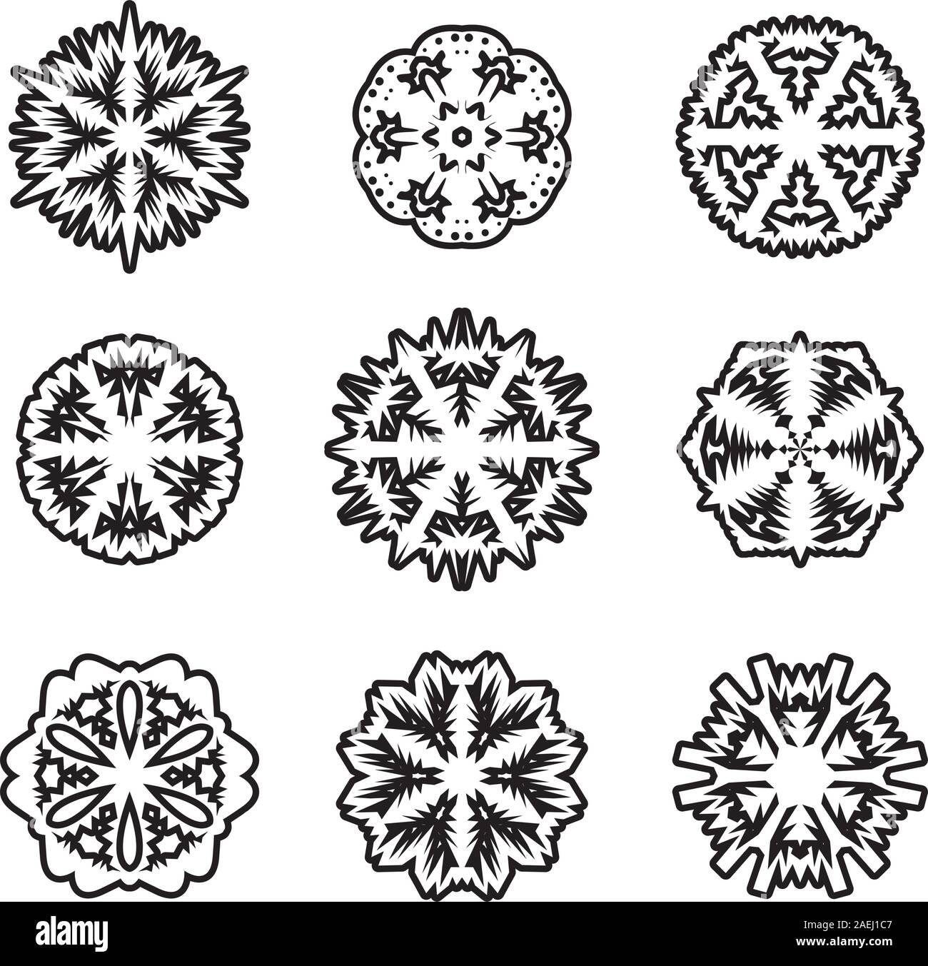 Set di fiocchi di neve, illustrazione vettoriale. Illustrazione Vettoriale