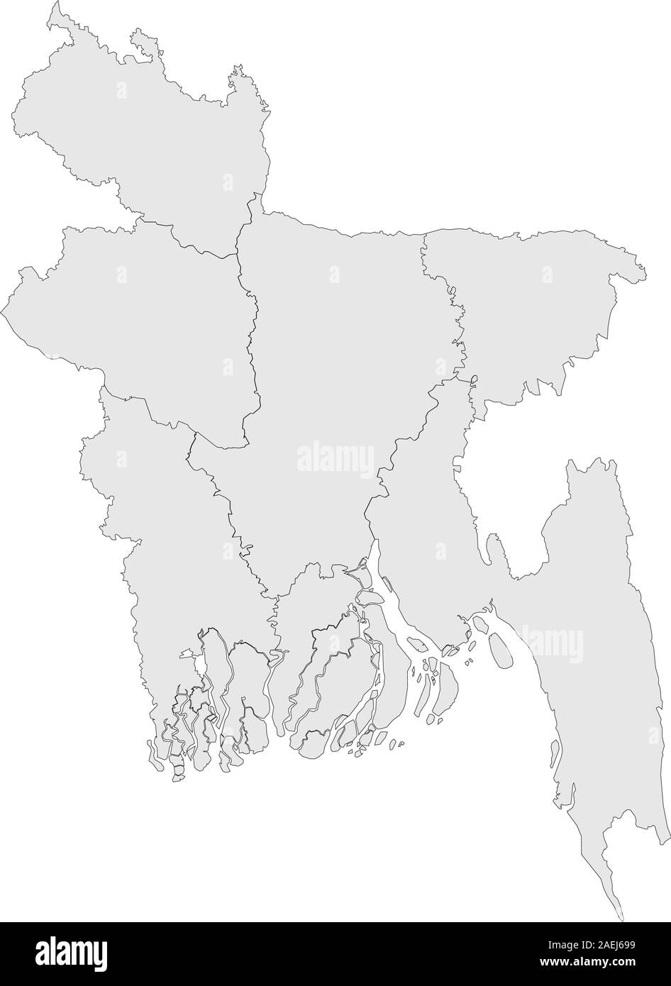Bangladesh mappa vuota con confini illustrazione vettoriale. Colore grigio chiaro. Illustrazione Vettoriale