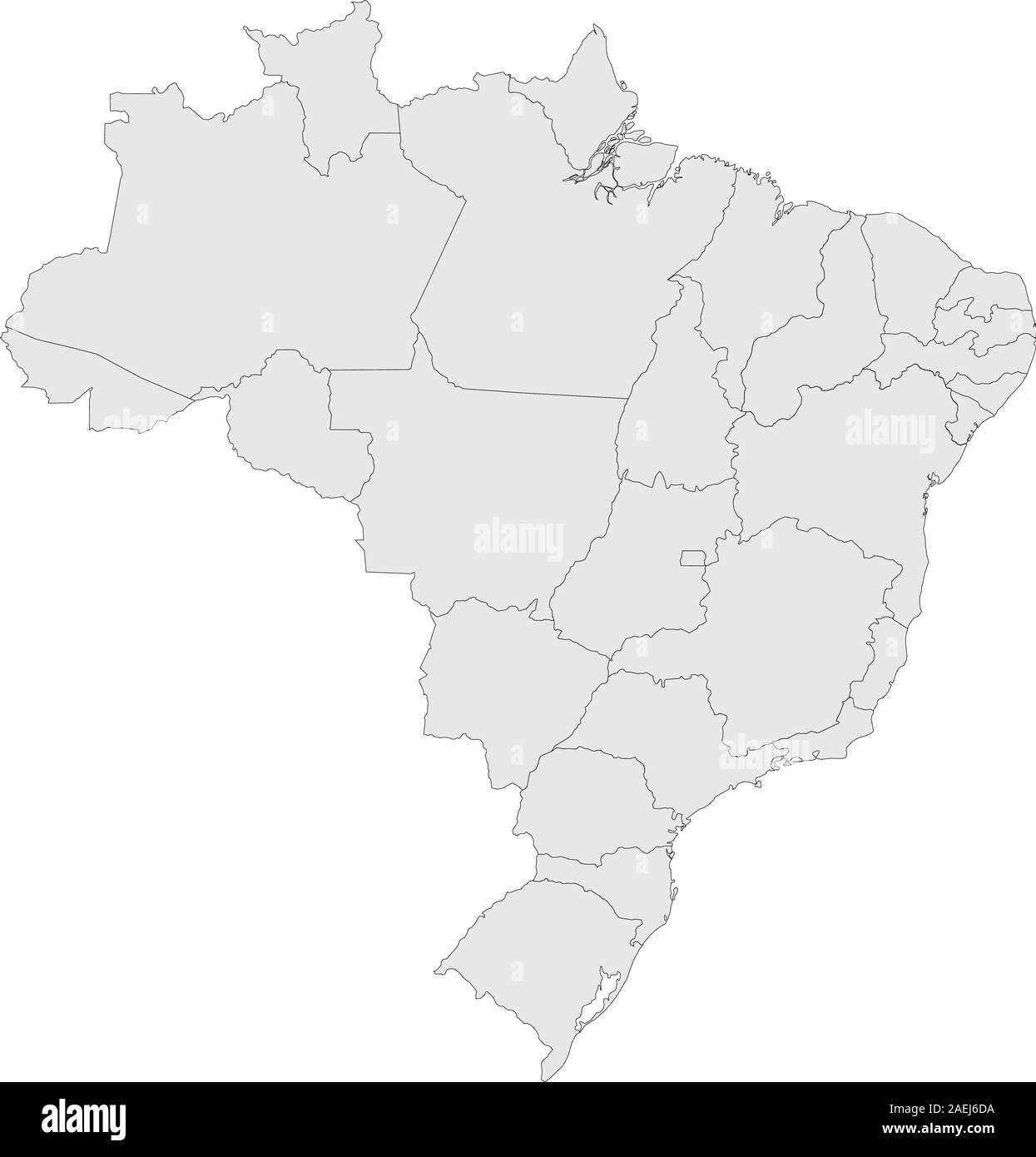 Moderno brasile mappa politica evidenziata con province illustrazione vettoriale. Colore grigio chiaro dello sfondo. Illustrazione Vettoriale